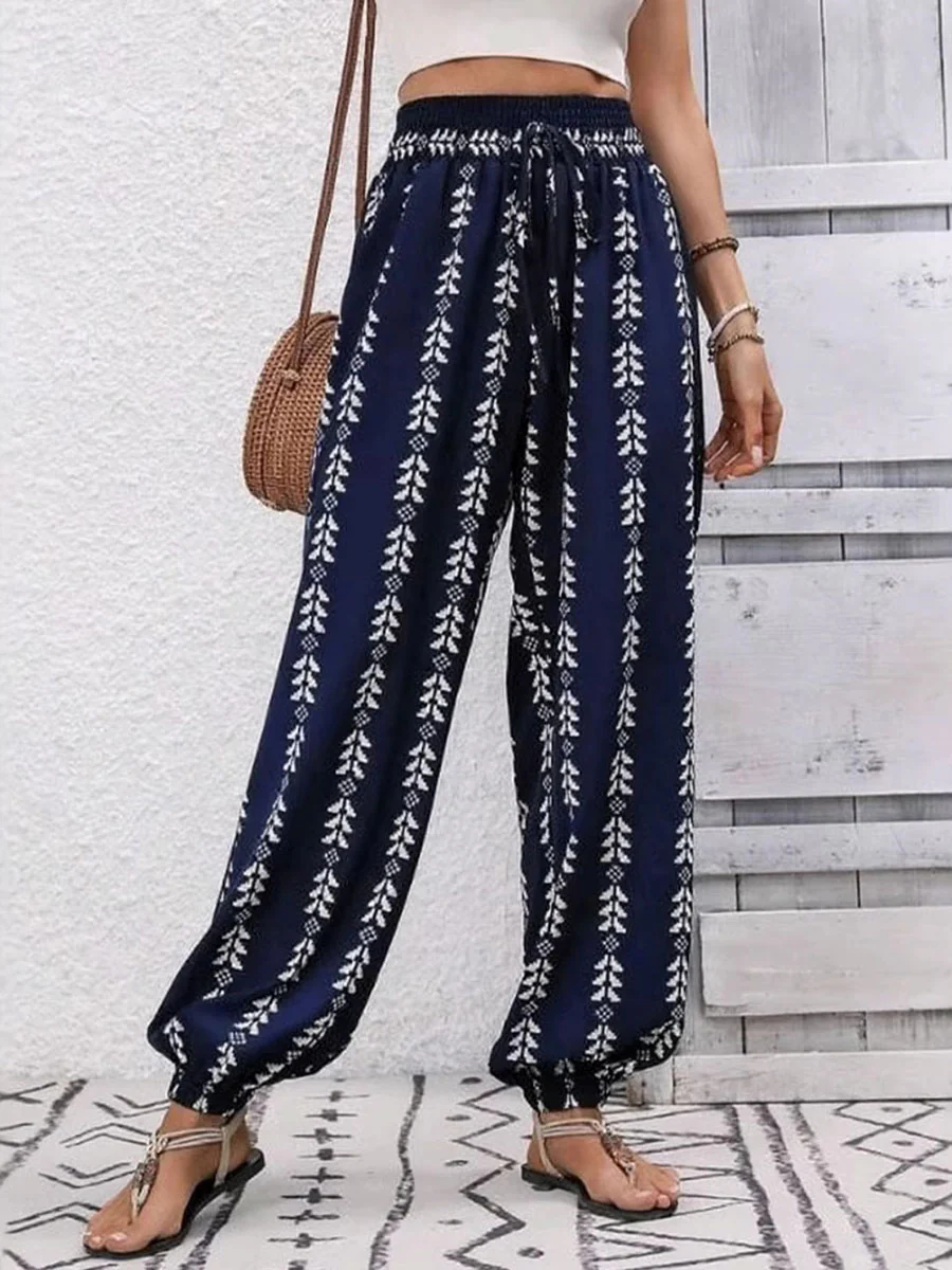 High Waisted Drawstring Pockets Printed Tied Pants Trousers - Image 8