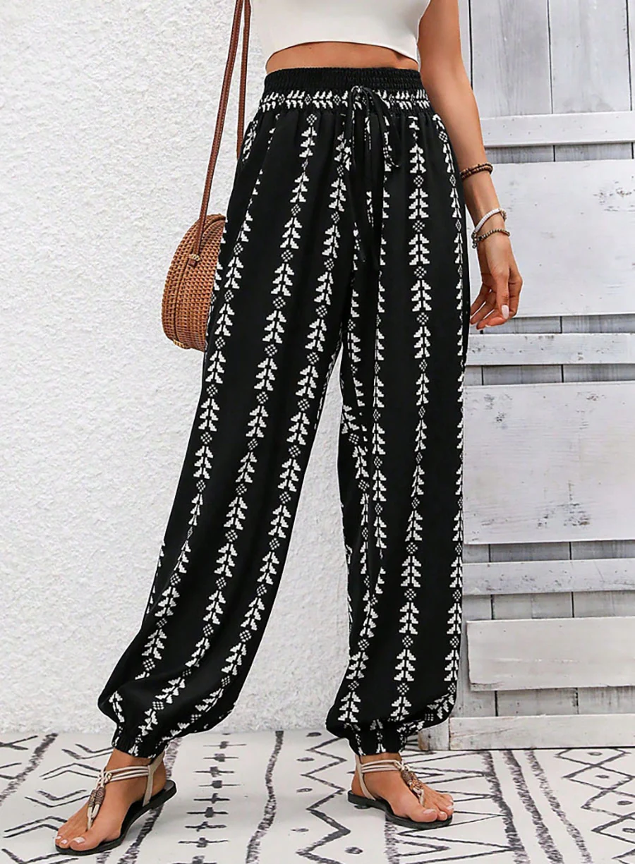 High Waisted Drawstring Pockets Printed Tied Pants Trousers - Image 9