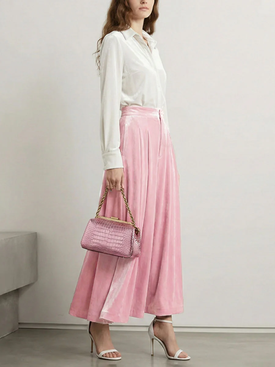 High Waisted Elasticity Pleated Pockets Solid Color Skirts Bottoms - Image 5