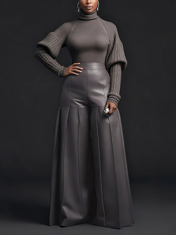 High Waisted Elasticity Pleated Pockets Solid Color Zipper Wide Leg Pants - Image 2