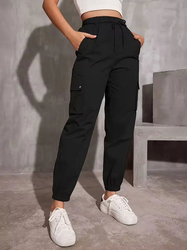 High Waisted Elasticity Pockets Solid Color Split-Joint Tied Waist Cargo Pants Trousers - Image 2
