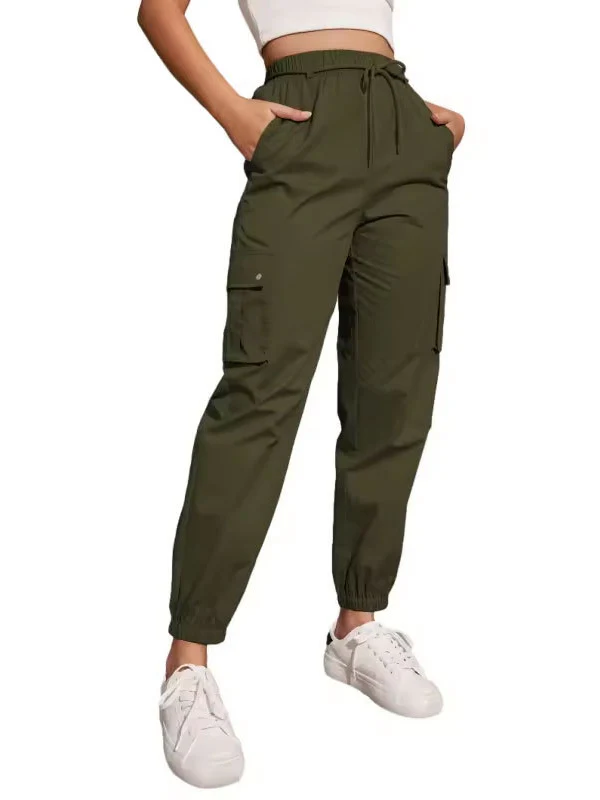 High Waisted Elasticity Pockets Solid Color Split-Joint Tied Waist Cargo Pants Trousers - Image 3