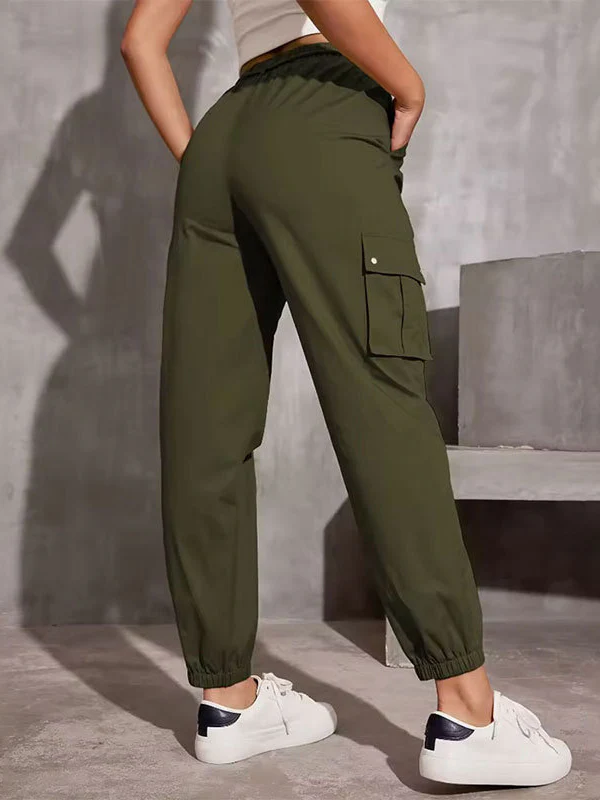 High Waisted Elasticity Pockets Solid Color Split-Joint Tied Waist Cargo Pants Trousers - Image 4