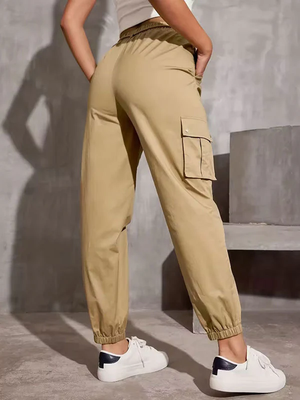 High Waisted Elasticity Pockets Solid Color Split-Joint Tied Waist Cargo Pants Trousers - Image 5
