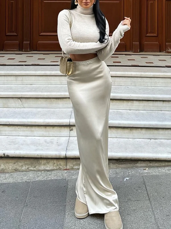High Waisted Elasticity Solid Color Split-Joint Skirts - Image 6