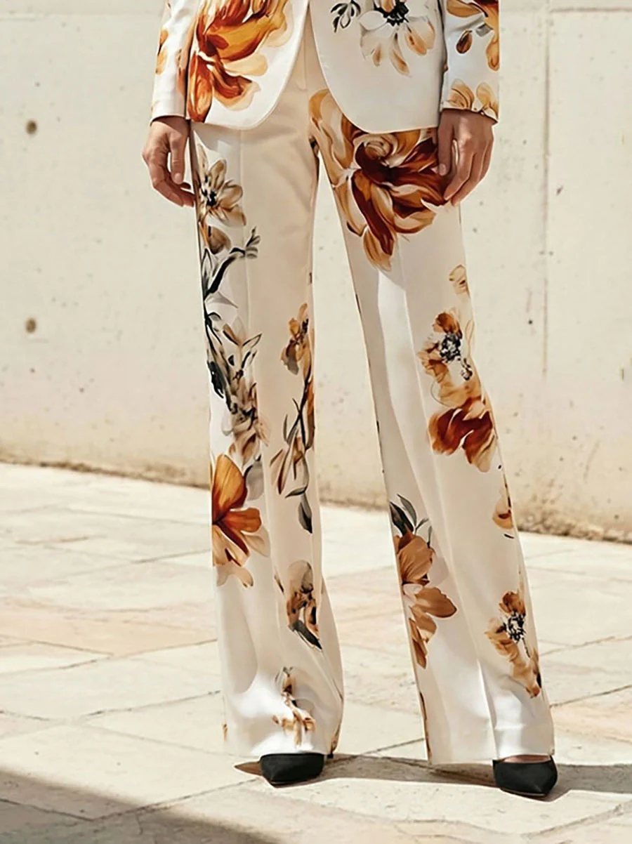 High Waisted Flower Print Pockets Pants Trousers - Image 2