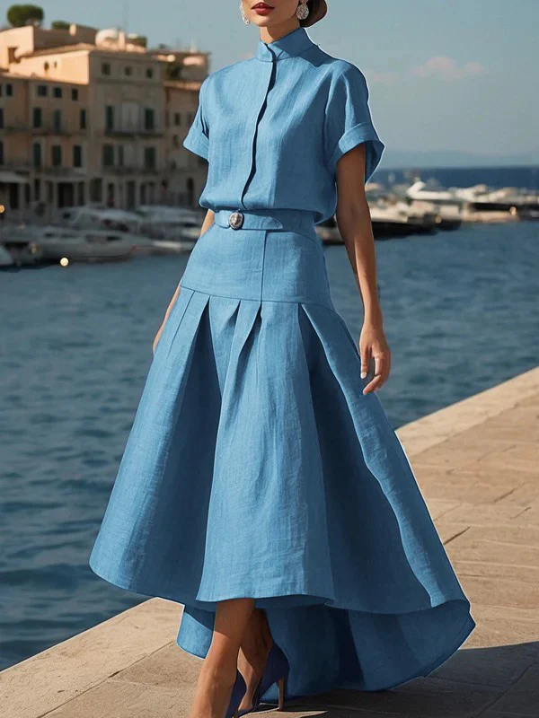 High Waisted High-Low Belted Pleated Solid Color Skirts Bottoms - Image 2
