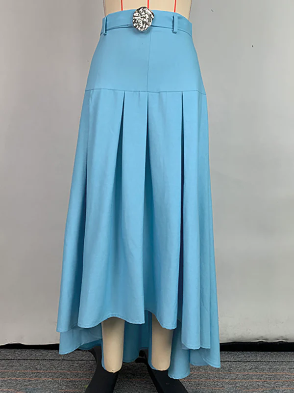High Waisted High-Low Belted Pleated Solid Color Skirts Bottoms - Image 3