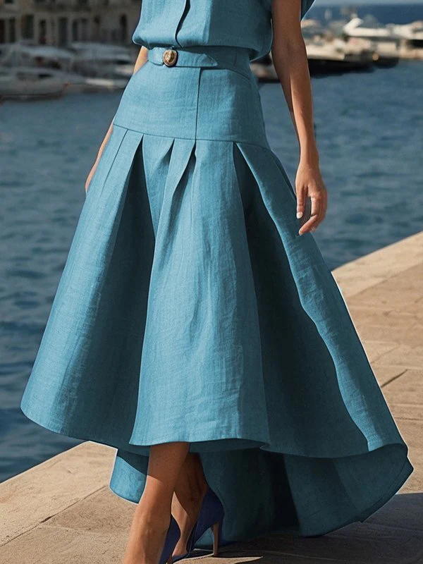 High Waisted High-Low Belted Pleated Solid Color Skirts Bottoms - Image 9