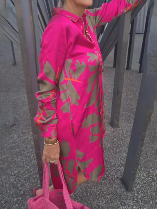 High Waisted High-Low Buttoned Pockets Printed Split-Joint Lapel Midi Dresses Shirt Dress - Image 2