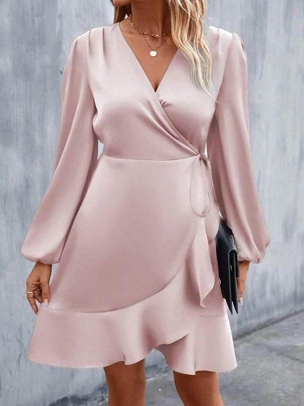 High Waisted High-Low Elasticity Pleated Solid Color Split-Joint Tied V-Neck Mini Dresses - Image 10