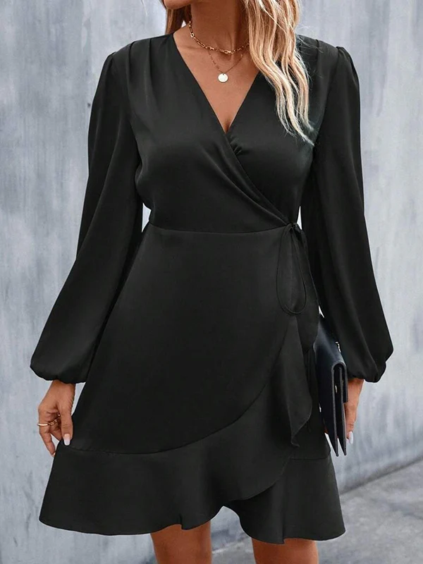 High Waisted High-Low Elasticity Pleated Solid Color Split-Joint Tied V-Neck Mini Dresses - Image 11