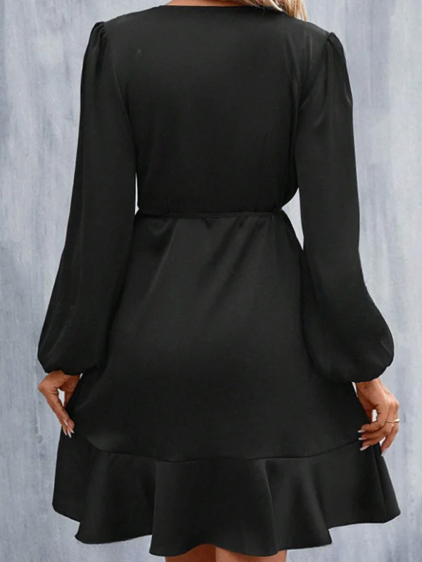 High Waisted High-Low Elasticity Pleated Solid Color Split-Joint Tied V-Neck Mini Dresses - Image 12