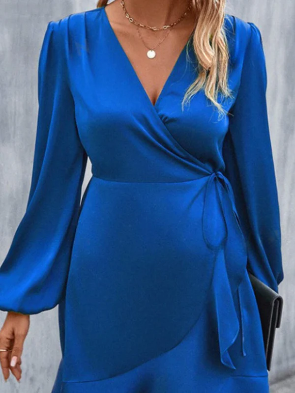 High Waisted High-Low Elasticity Pleated Solid Color Split-Joint Tied V-Neck Mini Dresses - Image 13