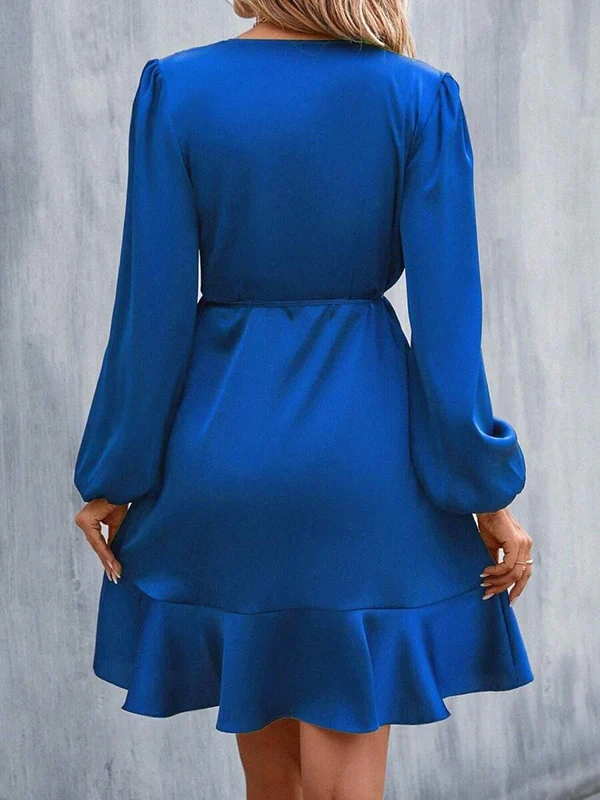 High Waisted High-Low Elasticity Pleated Solid Color Split-Joint Tied V-Neck Mini Dresses - Image 14