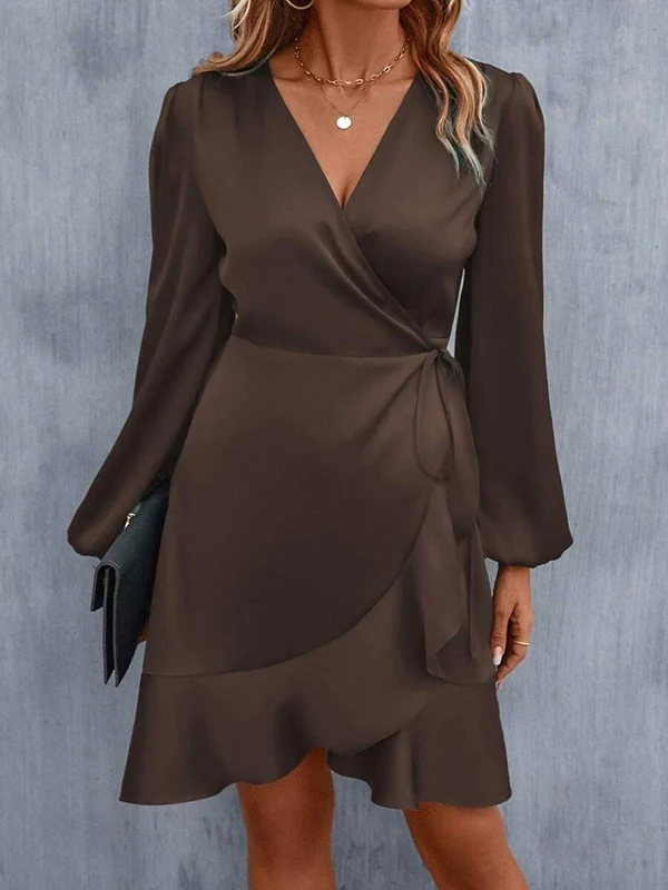 High Waisted High-Low Elasticity Pleated Solid Color Split-Joint Tied V-Neck Mini Dresses - Image 7
