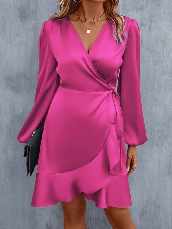 High Waisted High-Low Elasticity Pleated Solid Color Split-Joint Tied V-Neck Mini Dresses - Image 9
