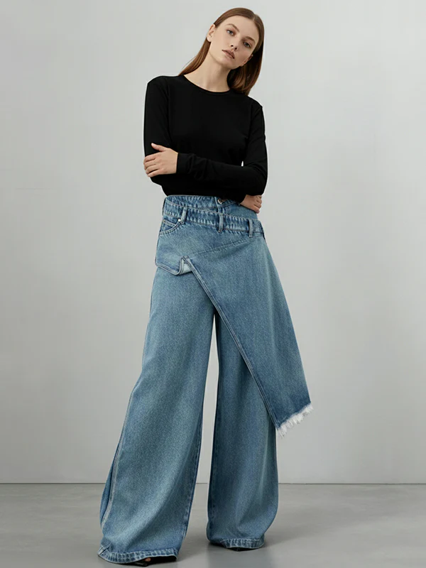 High Waisted Irregularity Asymmetric Buttoned Fringed Interlace Layered Pockets Solid Color Jean Pants Bottoms - Image 10