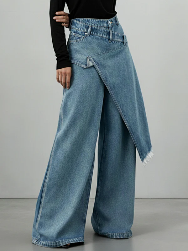 High Waisted Irregularity Asymmetric Buttoned Fringed Interlace Layered Pockets Solid Color Jean Pants Bottoms - Image 2