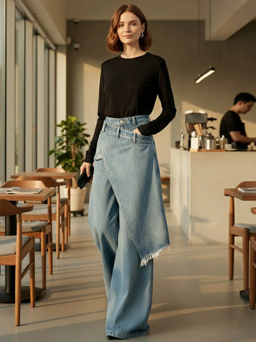 High Waisted Irregularity Asymmetric Buttoned Fringed Interlace Layered Pockets Solid Color Jean Pants Bottoms - Image 3