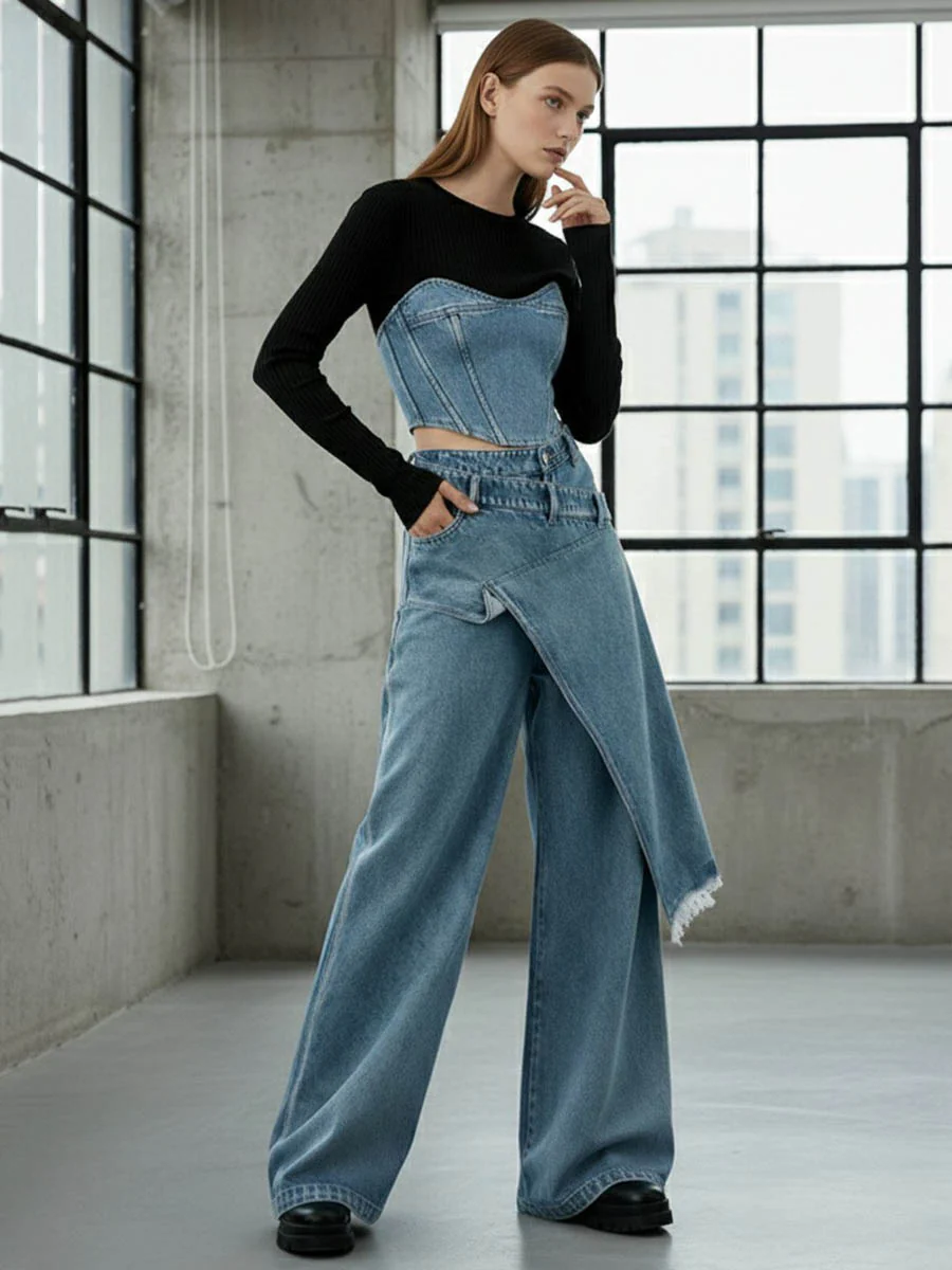 High Waisted Irregularity Asymmetric Buttoned Fringed Interlace Layered Pockets Solid Color Jean Pants Bottoms - Image 4