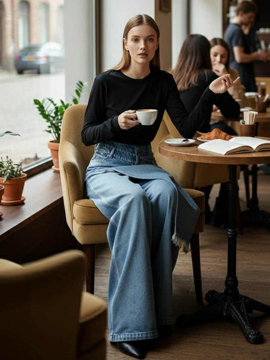 High Waisted Irregularity Asymmetric Buttoned Fringed Interlace Layered Pockets Solid Color Jean Pants Bottoms - Image 5