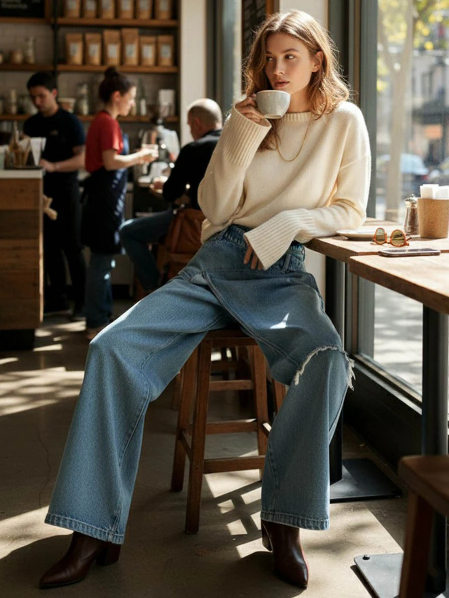 High Waisted Irregularity Asymmetric Buttoned Fringed Interlace Layered Pockets Solid Color Jean Pants Bottoms - Image 6