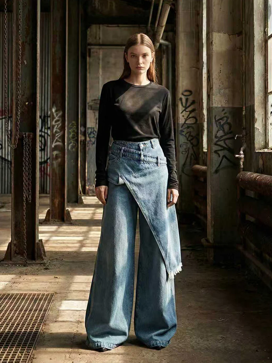 High Waisted Irregularity Asymmetric Buttoned Fringed Interlace Layered Pockets Solid Color Jean Pants Bottoms - Image 7