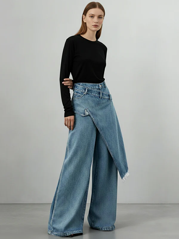 High Waisted Irregularity Asymmetric Buttoned Fringed Interlace Layered Pockets Solid Color Jean Pants Bottoms - Image 8