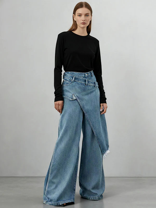 High Waisted Irregularity Asymmetric Buttoned Fringed Interlace Layered Pockets Solid Color Jean Pants Bottoms - Image 9