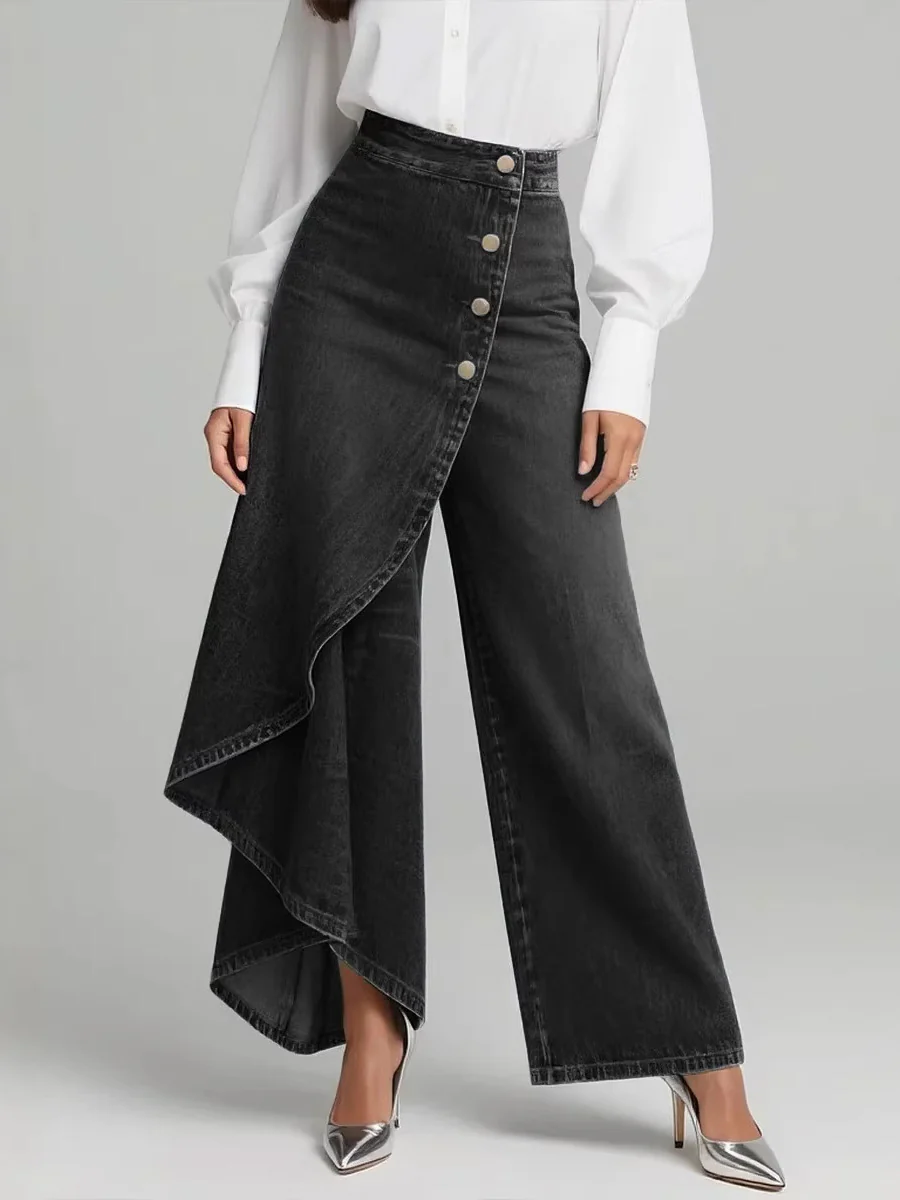 High Waisted Irregularity Buttoned Layered Pockets Solid Color Split-Joint Jean Pants Bottoms - Image 2
