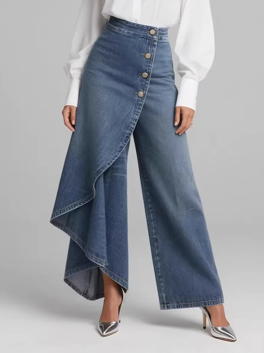 High Waisted Irregularity Buttoned Layered Pockets Solid Color Split-Joint Jean Pants Bottoms - Image 5