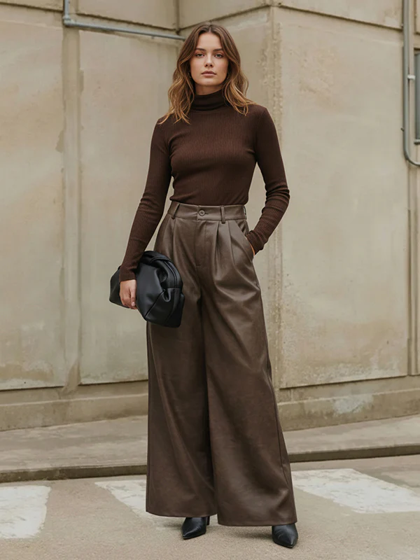 High Waisted Leather-Like Wide Leg Pants - Image 3