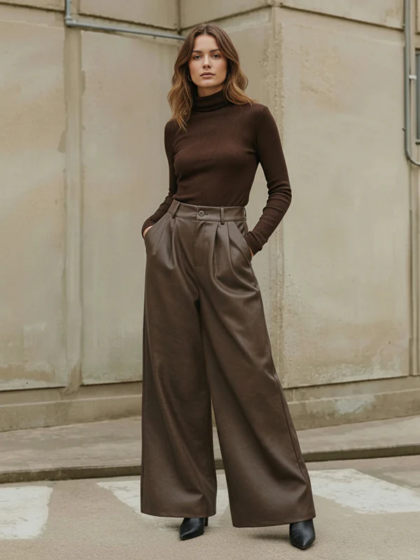 High Waisted Leather-Like Wide Leg Pants - Image 4