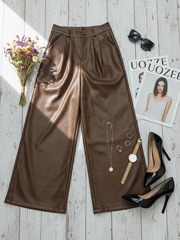 High Waisted Leather-Like Wide Leg Pants - Image 5
