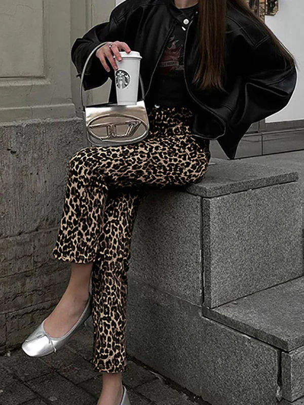 High Waisted Leopard Pockets Pants Trousers - Image 4
