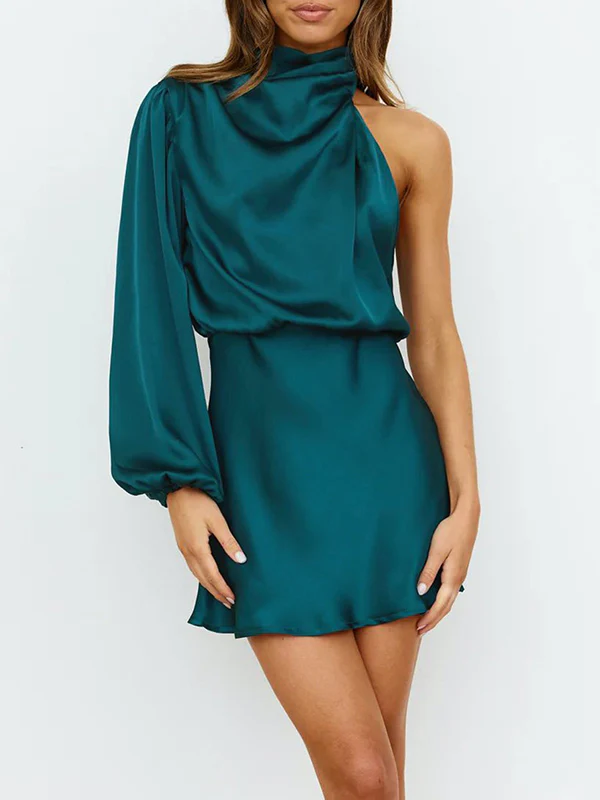 High Waisted Long Sleeves Asymmetric Elasticity Solid Color High Neck Mini Dresses - Image 10