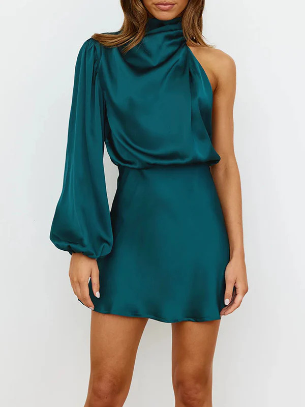 High Waisted Long Sleeves Asymmetric Elasticity Solid Color High Neck Mini Dresses - Image 11