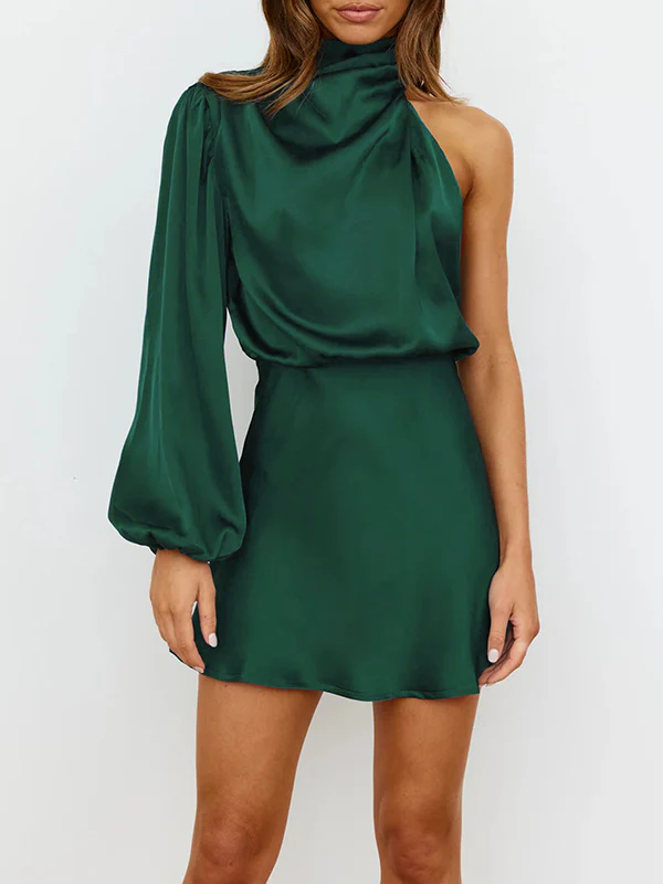 High Waisted Long Sleeves Asymmetric Elasticity Solid Color High Neck Mini Dresses - Image 20