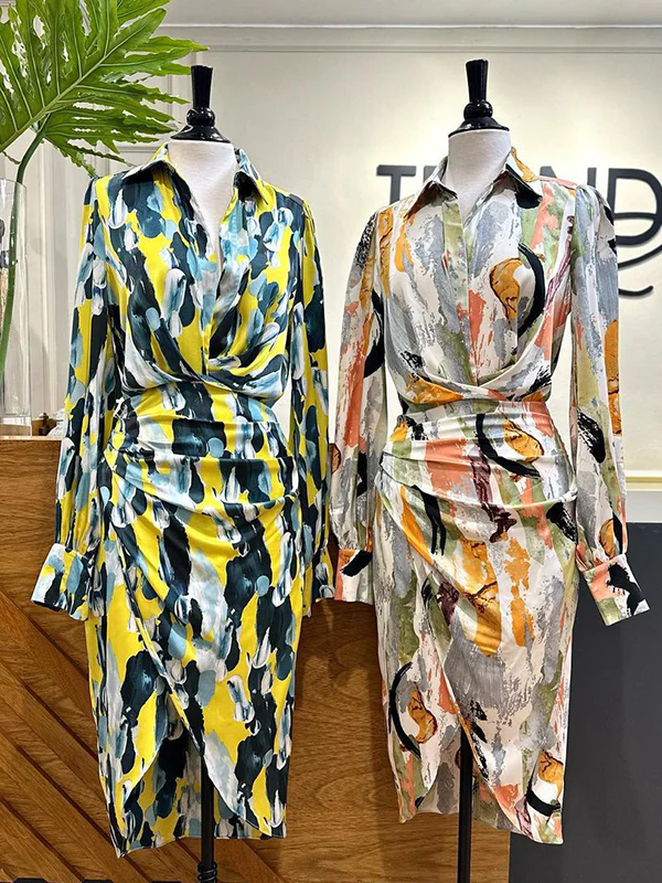 High Waisted Long Sleeves Asymmetric Pleated Printed Split-Joint Deep V-Neck Midi Dresses - Image 2
