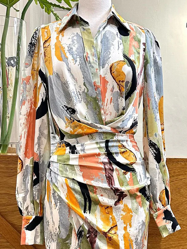 High Waisted Long Sleeves Asymmetric Pleated Printed Split-Joint Deep V-Neck Midi Dresses - Image 3