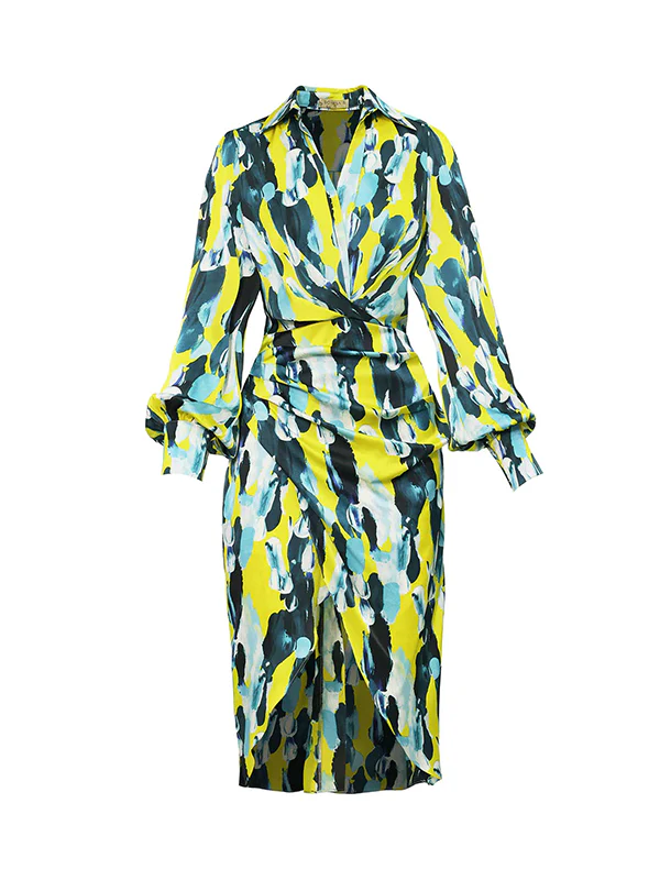 High Waisted Long Sleeves Asymmetric Pleated Printed Split-Joint Deep V-Neck Midi Dresses - Image 4