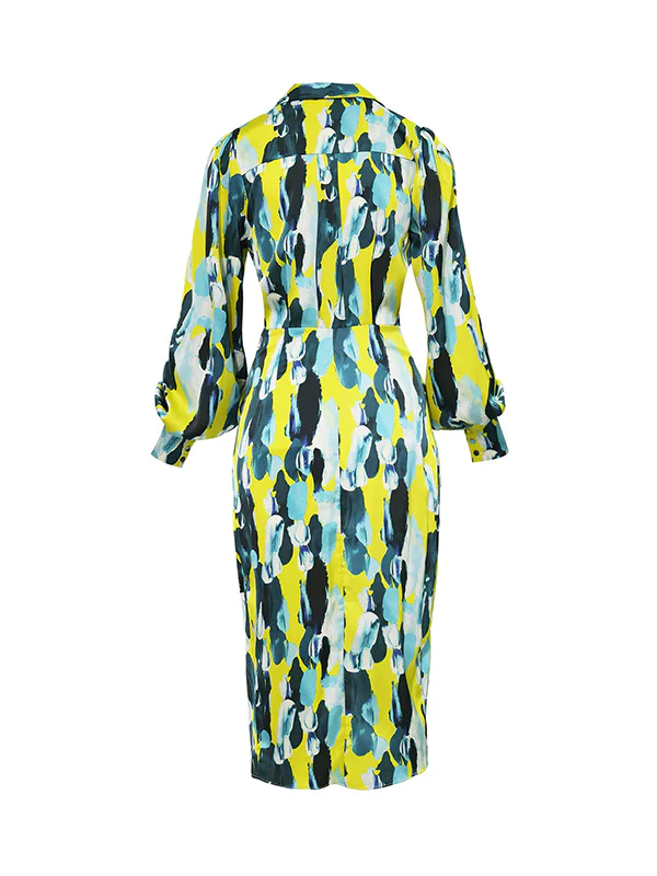 High Waisted Long Sleeves Asymmetric Pleated Printed Split-Joint Deep V-Neck Midi Dresses - Image 5