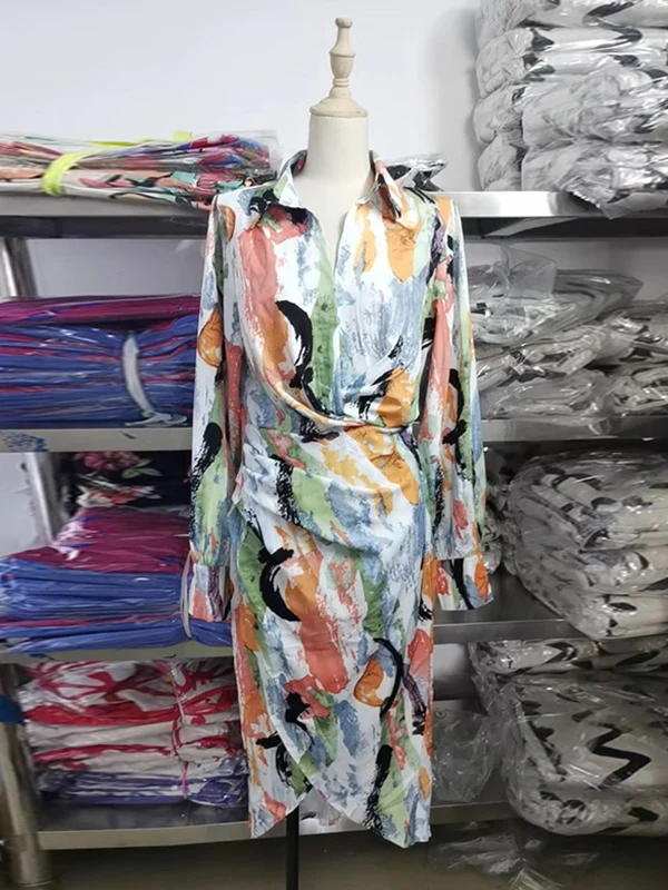 High Waisted Long Sleeves Asymmetric Pleated Printed Split-Joint Deep V-Neck Midi Dresses - Image 7