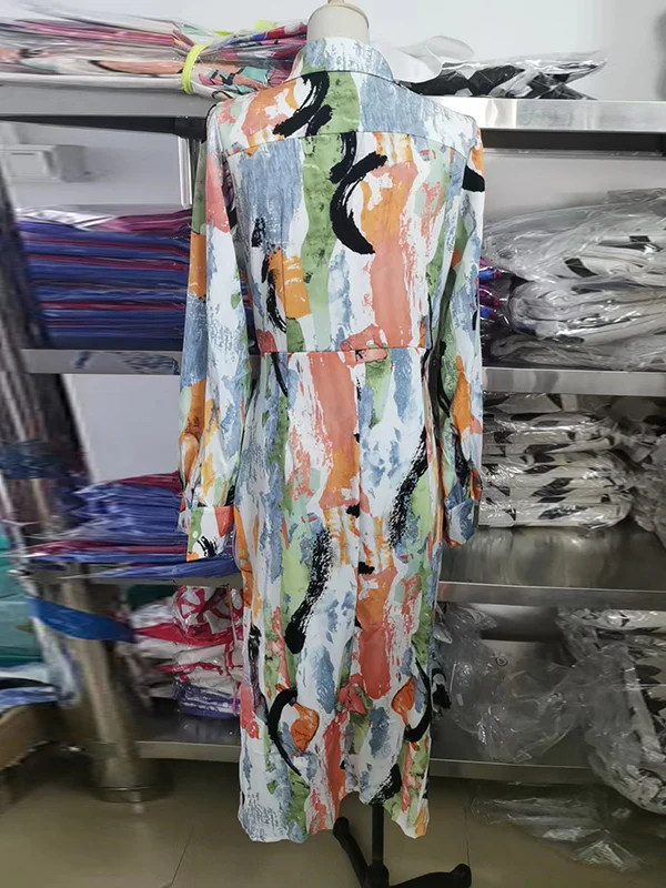 High Waisted Long Sleeves Asymmetric Pleated Printed Split-Joint Deep V-Neck Midi Dresses - Image 8