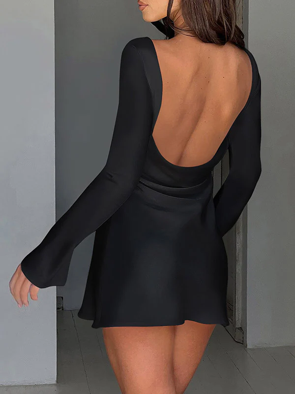 High Waisted Long Sleeves Backless Solid Color Zipper Round-Neck Mini Dresses - Image 4