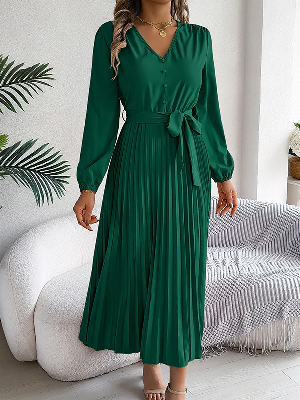 High Waisted Long Sleeves Belted Buttoned Pleated Solid Color V-Neck Maxi Dresses - Image 10