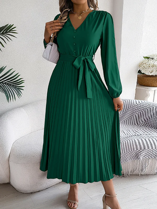 High Waisted Long Sleeves Belted Buttoned Pleated Solid Color V-Neck Maxi Dresses - Image 11