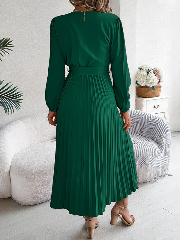 High Waisted Long Sleeves Belted Buttoned Pleated Solid Color V-Neck Maxi Dresses - Image 13