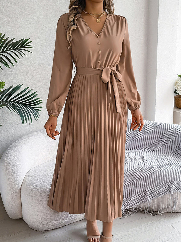 High Waisted Long Sleeves Belted Buttoned Pleated Solid Color V-Neck Maxi Dresses - Image 14